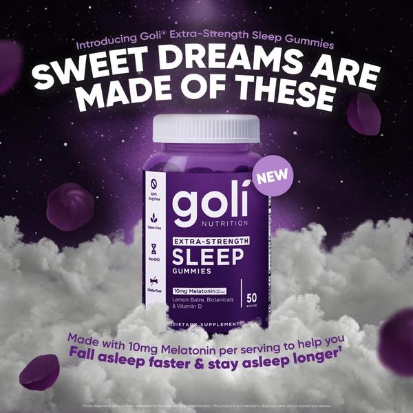 A square-format static ad featuring Goli Extra-Strength Sleep Gummies using a dream-like, night-themed aesthetic to emphasize product benefits.